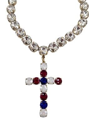 Sienna Gold-Tone Cross Pendant Necklace with Red, White & Blue Stones